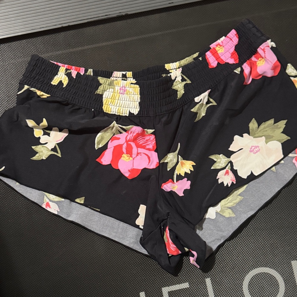 Billabong Black Floral Smocked Shorts with Pink & Red Blooms